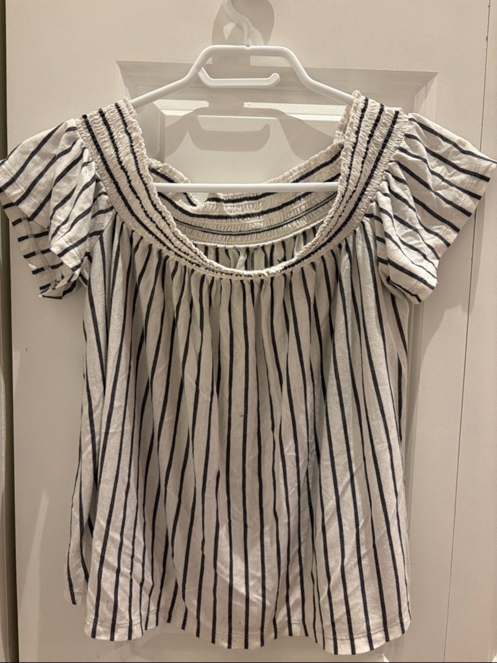 American Eagle Outfitters White and Black Striped Off-Shoulder Top